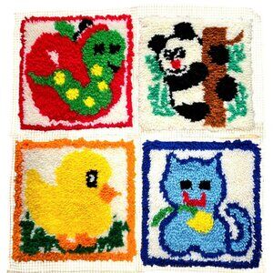 4 Vintage Latch Hook Rug Panda Worm Apple Cat Duck Completed 12” Pillow Hang Art
